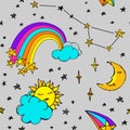 Vector sleeping moon and sun with stars on a gray background. Funny seamless pattern with hand-drawn stars, moon, sun, rainbow Royalty Free Stock Photo